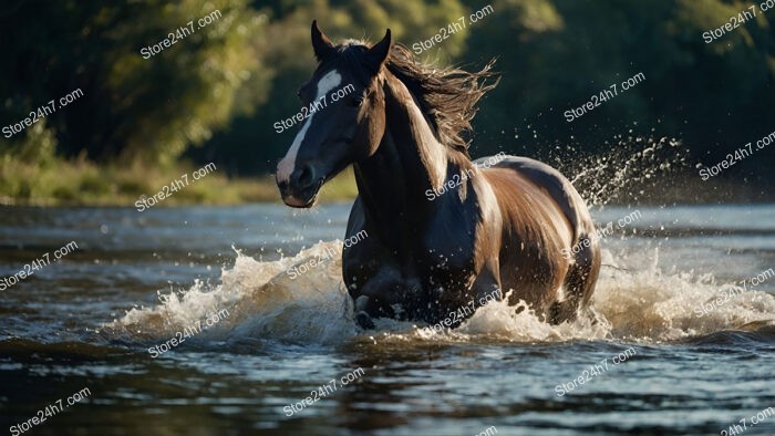 Black Horse Galloping Through Water Creating Dramatic Splashes