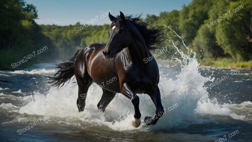 Stunning Black Horse Galloping through Water with Energy