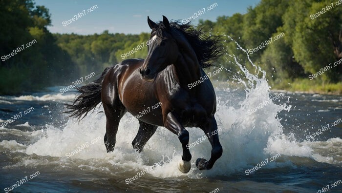 Stunning Black Horse Galloping through Water with Energy