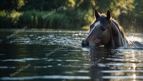 Graceful Bay Horse Wading Through Peaceful River Water