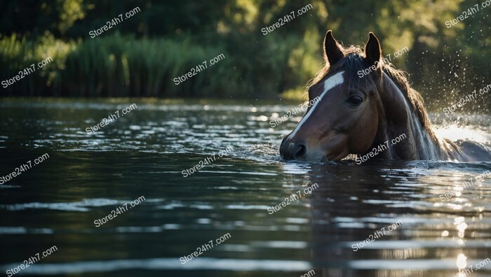 Graceful Bay Horse Wading Through Peaceful River Water