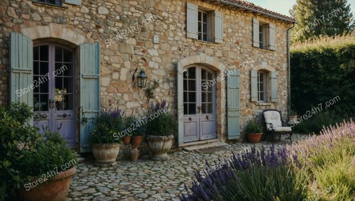 Quaint Stone House with Blue Shutters and Lavender Garden