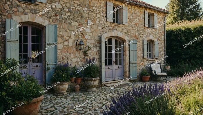 Quaint Stone House with Blue Shutters and Lavender Garden