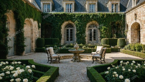 Elegant French Manor Courtyard with Ivy and Fountain