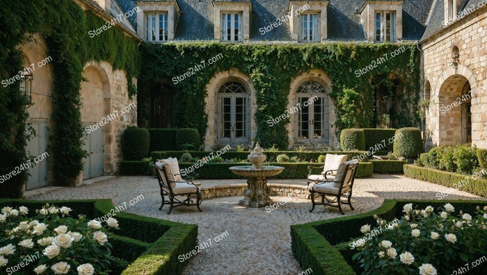 Elegant French Manor Courtyard with Ivy and Fountain