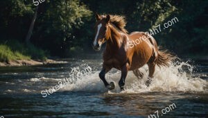 Chestnut Horse Galloping Through River Splashing Water Dramatically