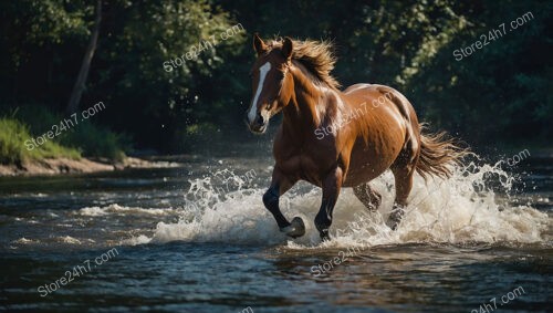 Chestnut Horse Galloping Through River Splashing Water Dramatically