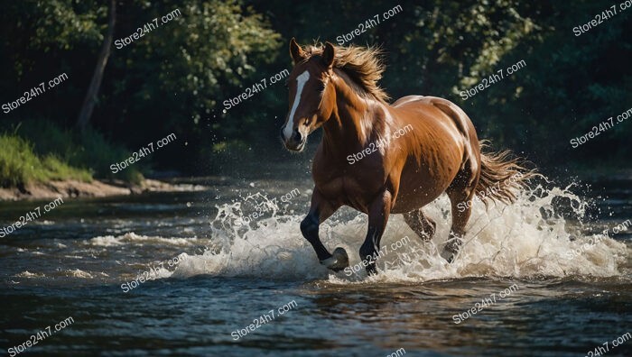 Chestnut Horse Galloping Through River Splashing Water Dramatically