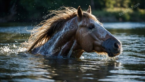 Majestic Speckled Horse Wading Through Serene River Waters