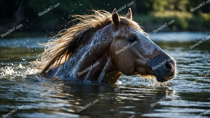 Majestic Speckled Horse Wading Through Serene River Waters