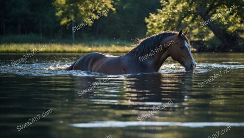 Graceful Brown Horse Wading Through Serene River Water