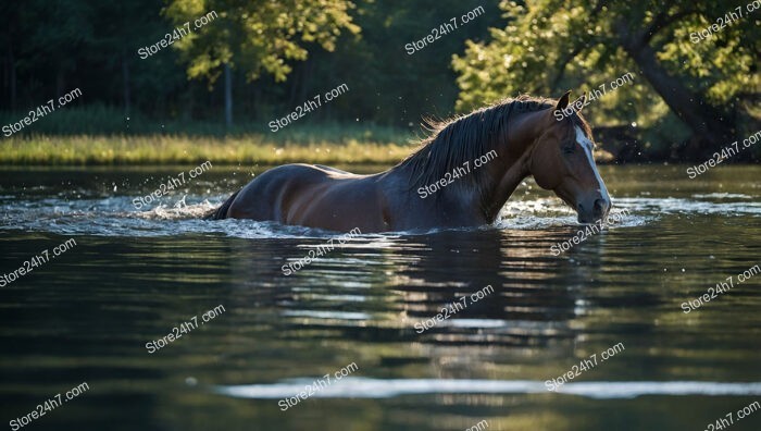 Graceful Brown Horse Wading Through Serene River Water