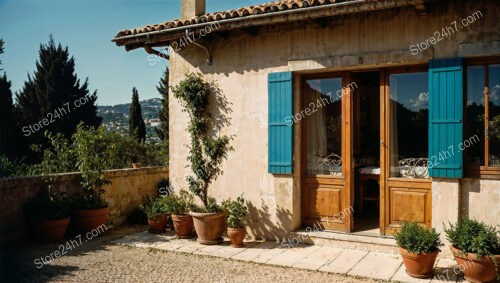 Sunlit French Stone House with Blue Shutters