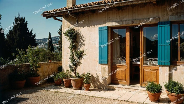 Sunlit French Stone House with Blue Shutters