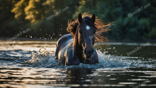 Black Horse Galloping Through Shimmering Water at Sunset