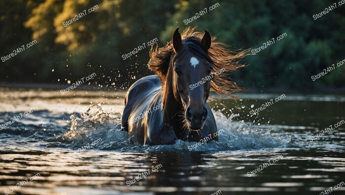 Black Horse Galloping Through Shimmering Water at Sunset