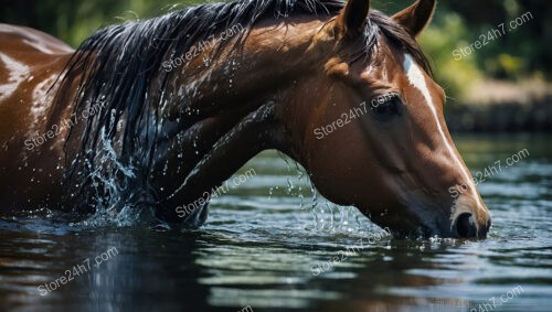 Graceful Chestnut Horse Immersed in Serene Water Reflection