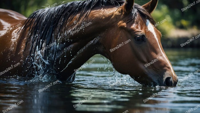 Graceful Chestnut Horse Immersed in Serene Water Reflection