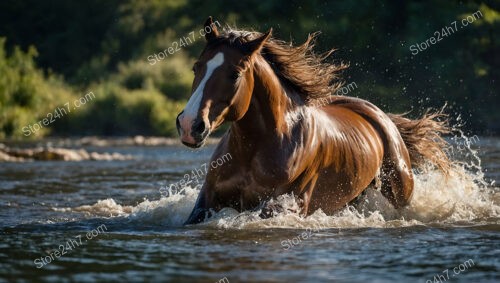 Chestnut Horse Galloping Through River with Splashes Everywhere
