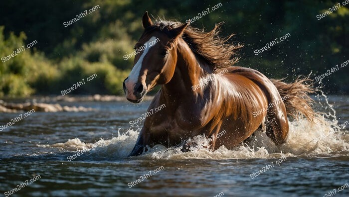 Chestnut Horse Galloping Through River with Splashes Everywhere