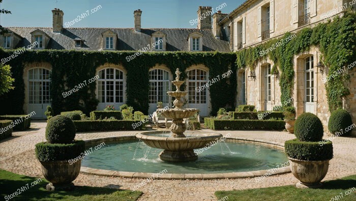 French Country Mansion with Courtyard and Central Fountain