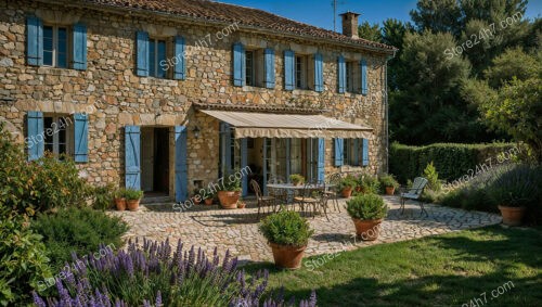 Charming French Stone House with Blue Shutters and Patio