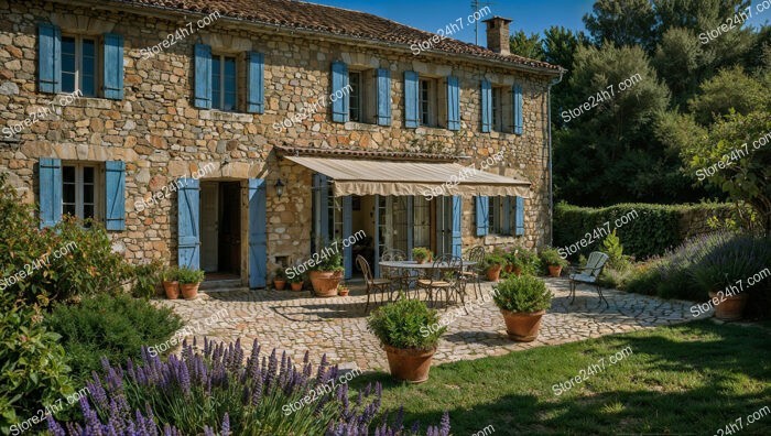 Charming French Stone House with Blue Shutters and Patio