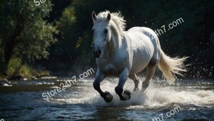 Majestic White Horse Galloping through River Water Splashes