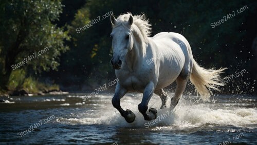 Majestic White Horse Galloping through River Water Splashes
