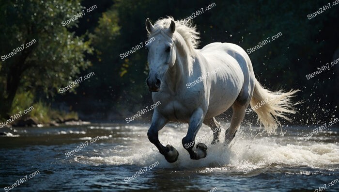 Majestic White Horse Galloping through River Water Splashes