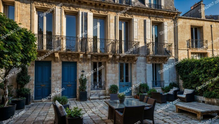 French House with Elegant Patio and Blue Doors