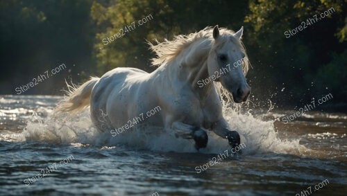 Majestic White Horse Galloping Through River in Scenic Forest