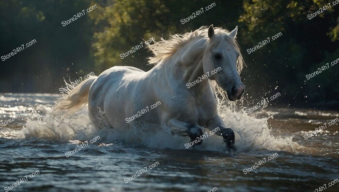 Majestic White Horse Galloping Through River in Scenic Forest