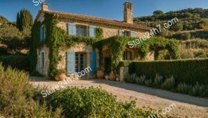 Charming Stone House with Blue Shutters and Ivy