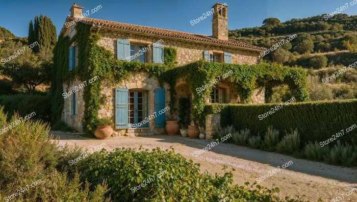 Charming Stone House with Blue Shutters and Ivy