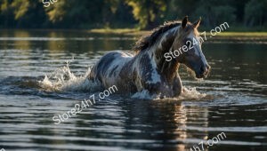 Spotted Horse Wading Through Peaceful River at Sunset