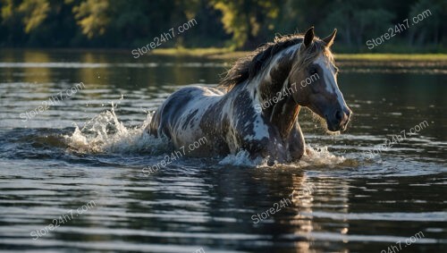 Spotted Horse Wading Through Peaceful River at Sunset