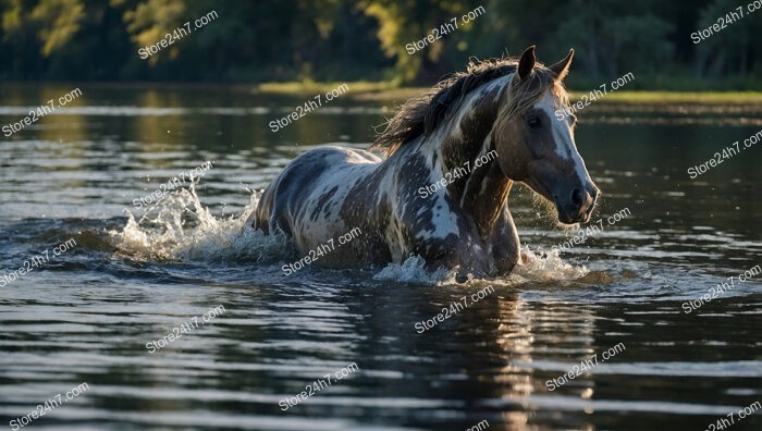 Spotted Horse Wading Through Peaceful River at Sunset