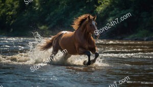 Galloping Horse Splashing Through River with Majestic Grace