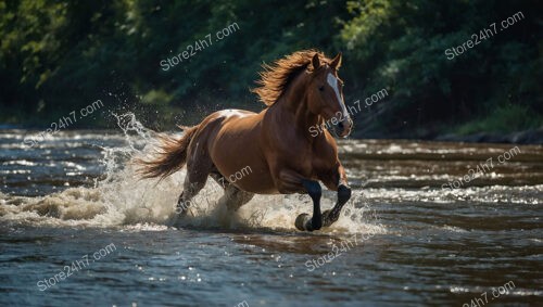 Galloping Horse Splashing Through River with Majestic Grace