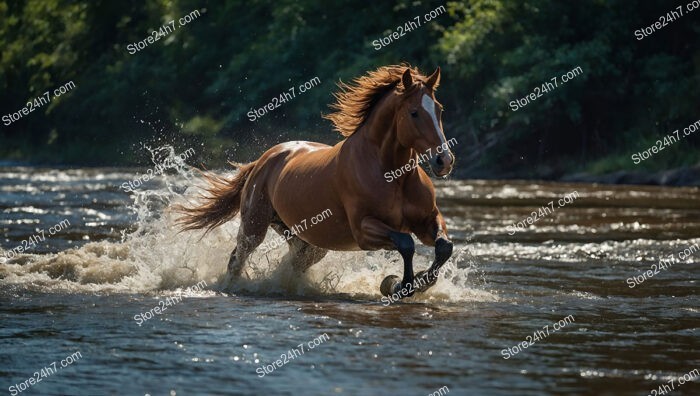 Galloping Horse Splashing Through River with Majestic Grace