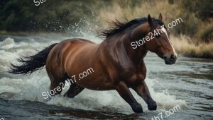 Brown Horse Galloping Through River Creating Splashes