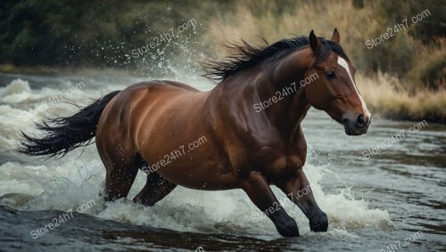 Brown Horse Galloping Through River Creating Splashes