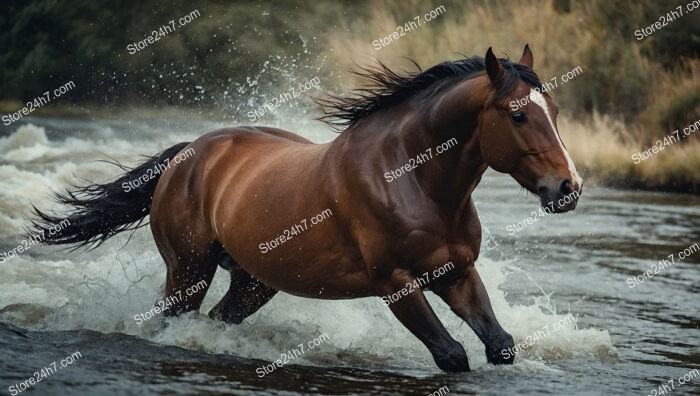 Brown Horse Galloping Through River Creating Splashes