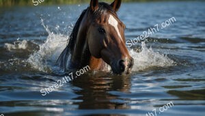 Elegant Bay Horse Splashes Through Serene River Water
