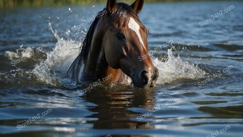 Elegant Bay Horse Splashes Through Serene River Water