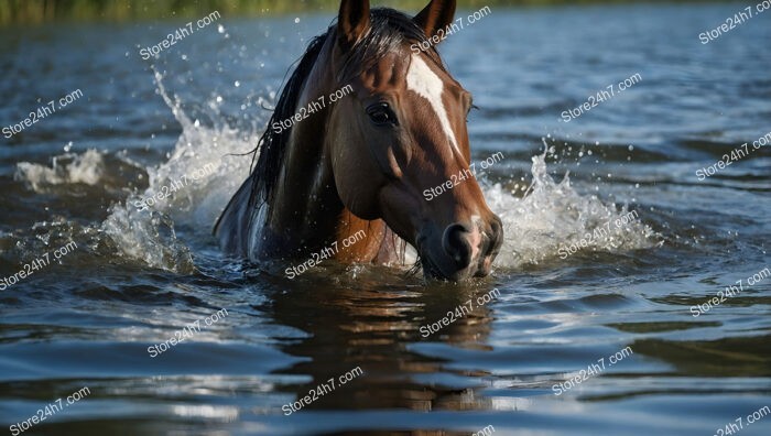 Elegant Bay Horse Splashes Through Serene River Water