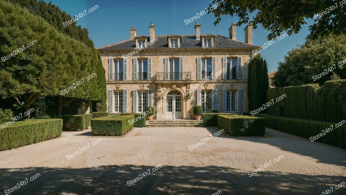 French Country Mansion with Manicured Gardens and Stone Facade