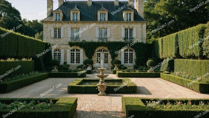 French Country Estate with Manicured Gardens and Fountain