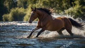 Dynamic Horse Charging Through River Amidst Scenic Forest